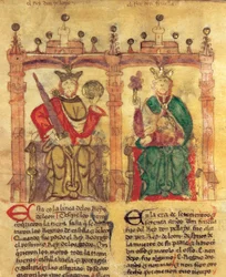 Pelagius (685-737), zakladatel Asturského království a jeho vnuk Fruela I. (722-68) (pigment na pergamenu)