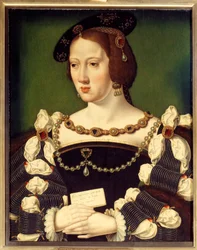 Portrét Eleonory Habsburské, arcivévodkyně rakouské (1498-1558) francouzské královny, manželky francouzského krále Františka I. Obraz španělské školy. 16. století. Chantilly, Conde Museum