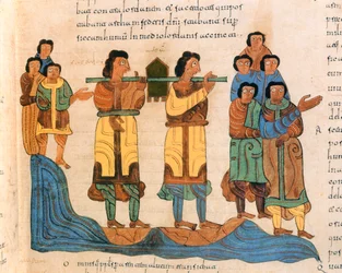 Kněží přenášejí archu úmluvy přes řeku Jordán, 2. Mojžíšova 16:6, z Vizigótsko-mozarábské Bible svatého Isidora, fol. 90r., n. l. 960 (tempera na pergamenu)