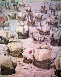Regata španělských galeon během expedice do Acores v roce 1582 za Filipa II. (1527-1598), španělského krále. Freska ze 16. století. Síň bitev, Palác Escorial, Madrid.