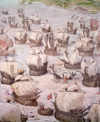 Regata španělských galeon během expedice do Acores v roce 1582 za Filipa II. (1527-1598), španělského krále. Freska ze 16. století. Síň bitev, Palác Escorial, Madrid.