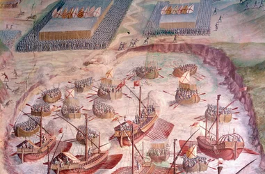 Regata španělských galeon během expedice do Acores v roce 1582 za Filipa II. (1527-1598), španělského krále. Freska ze 16. století. Síň bitev, Palác Escorial, Madrid.
