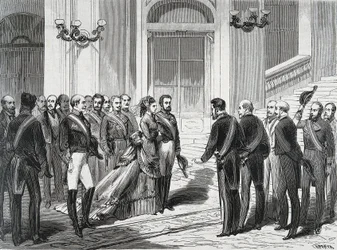 Španělský král Amedee I (Amedeo Ferdinando Maria di Savoia) (1845-1890) a jeho manželka královna Marie Victory dal Pozzo della Cisterna (1847-1876) při příjezdu do královského paláce v Madridu dne 19.3.1871. Rytina z ""La Ilustracion Espanola y America