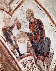 Cyklus měsíců: Pilát Pontský si myje ruce. Detail fresky z 12. století z královského panteonu Real Colegiata of San Isidoro (Royal Collegiale of Saint Isidore). Leon. Španělsko