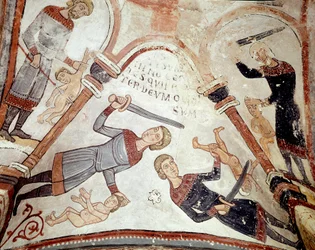 Cyklus měsíců: masakr neviňátek. Detail fresky z 12. století z Královského panteonu Real Colegiata de San Isidoro (Královský kolegiátní kostel svatého Isidora). León. Španělsko