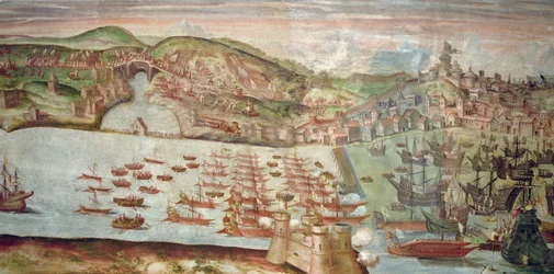 Vstup flotily do Lisabonu, scéna z námořního tažení proti Portugalsku, které vedl Alvaro de Bazan, za vlády Filipa II. Španělského (freska)