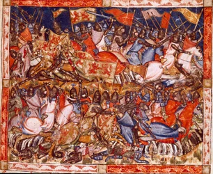 Trojská válka: Hectorovy činy. Detail miniatury ze španělského rukopisu „Codex Benito de Santa Mora““