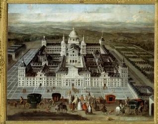 Pohled na palác Escorial ve Španělsku postavený Filipem II v 16. století. Anonymní španělské malířství 17. století. Olej na plátně. Rozměr: 1,89 x 2,41 m.