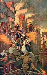 Velký požár Londýna v roce 1666, ilustrace z Hutchinsonovy knihy „The Story of the British Nation“, kolem roku 1920