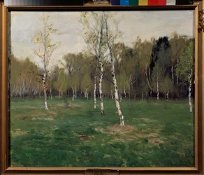 V květnu. Obraz Stanislava Yulianoviče Žukovského (1873-1944), olej na plátně