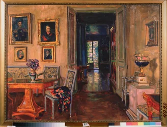 Interiér zámku Brasovo. Obraz Stanislava Yulianoviče Žukovského (1873-1944), olej na plátně