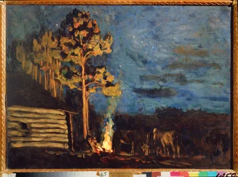 jarní noc. Dílo Stanislava Yulianoviče Joukovského (Žukovského) (1873-1944), olej na kartonu
