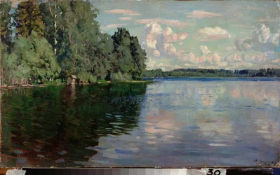 Jezero. Obraz Stanislava Yulianoviče Žukovského (1873-1944), olej na plátně
