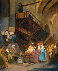 Bazar v Konstantinopoli - Peinture de Stanislaw Chlebowski (1835-1884), orientalismus - Bazar v Konstantinopoli - Olej na dřevě od Stanislava Chlebovského (1835-1884) - 26x21 cm - Soukromá sbírka