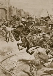 11. kopiníci a Skinnerův kůň jedoucí Jaty do Bharatpuru, prosinec 1828 (litho)