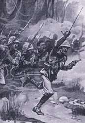 Britové útočí na Ashantis u Amoaful, 31. ledna 1874, ilustrace z britských bitev na souši a na moři, 1915