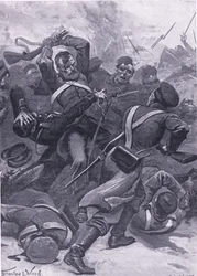 Inkerman: 55. (2. pohraniční) pluk útočící na Rusy, ilustrace z britských bitev na souši a na moři, 1915