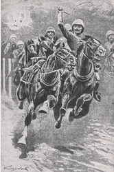 Poručík Maclaine zvedá zbraně na Maiwand, 17. července 1880, ilustrace z britských bitev na souši a na moři, 1915