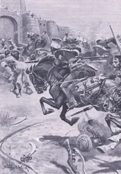 16th Lancers and Skinners Horse, který hnal Jaty do Bharatpuru; Prosinec 1825, ilustrace z britských bitev na souši a moři, 1915