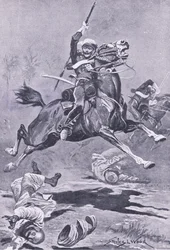 The 9th Lancers at Delhi, 1857, ilustrace z britských bitev na zemi a na moři, 1915