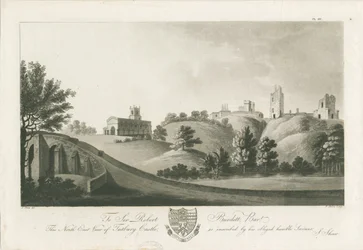 Hrad Tutbury - Severovýchodní pohled: rytina akvatinty, nd [c 1798] (tisk)