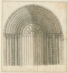 Tutbury Priory Church - Arch in West Door: kresba perem a sépií, nd [1762-1802] (tisk)