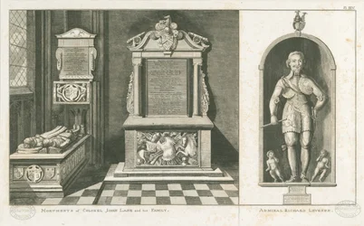 Wolverhampton - Pomníky plukovníka Johna Lanea a admirála Richarda Levesona: rytina, nd [c 1798] (tisk)