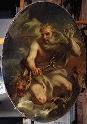 Neptun (Poseidón) s korunou a trojzubcem, zobrazený s mořskými příšerami (Neptun). Obraz Stefana Torelliho (1712-1784)