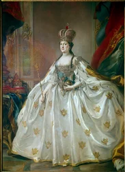 Portrét ruské carevny Kateřiny II. Veliké (1729-1796) v korunovačních šatech. Malba Stefana Torelliho (1712-1784), 18. století, Ermitáž, Petrohrad