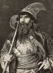 Sheik in full regalia, rytina F Gamberoni z malby Stefana Ussiho (1822-1901), L