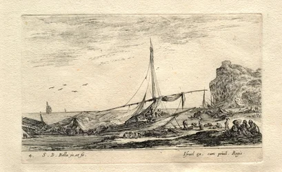 Galéra na břehu pokrytá plachtou