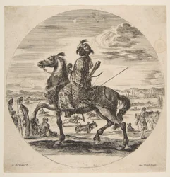 Maurský jezdec obrácený doleva, stojící a sedící Turci ve středním plánu, jeden..., kolem roku 1651.