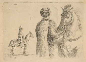 Polský čeledín, zezadu, držící koně za uzdu, ca. 1662.