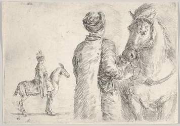 Polský komorník, viděno zezadu, držící uzdu koně vpravo, polský hor..., ca. 1662.
