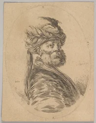 Turecký muž s plnovousem a turbanem s jedním dlouhým perem vpředu, otočený o tři čtvrtiny..., 1650.