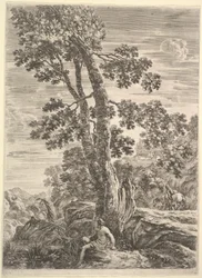 Rybář uprostřed tváří vlevo a opřený o velký strom, žena jdoucí..., ca. 1652-57.