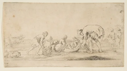 Rybář přinášející své sítě, muž vlevo tlačí balík doprava, dvoumístný..., ca. 1662.