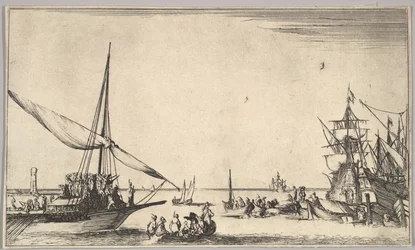 Galéra připlouvající do přístavu vlevo, několik veslic uprostřed, lodě v přístavu vpravo, od..., 1639.