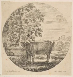 Selka s krávou u fontány zdobené Medicejskými pažemi, ze Six ani..., ca. 1646.