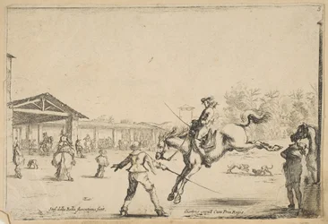 Jezdecká škola, jezdec ve skoku mečem v režii jiného muže s mečem v..., ca. 1645.