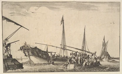 Veslice plná mužů vpravo, loď s muži sestupujícími do veslice vzadu vlevo..., 1639.