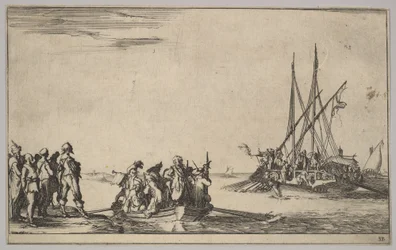 Veslice plná mužů uprostřed, skupina mužů stojících na břehu vlevo, loď plná ..., 1639.