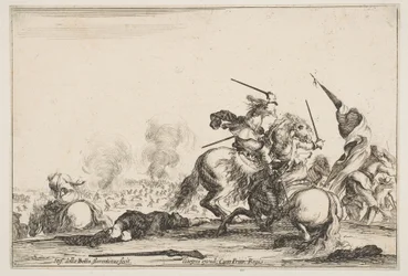 Přestřelka, dva jezdci bojující s meči napravo, muži nesoucí vlajku běžící..., ca. 1645.