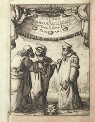 Galileo (vlevo) hovoří s Ptolemaiem (uprostřed) a Koperníkem, ilustrovaný frontispis z Dialogo sopra i due Massimi Sistemi del Mondo, Tolemaico e Copernicano (Dialog o dvou hlavních světových systémech, Ptolemaiově a Koperníkově)
