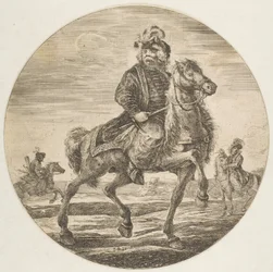 Maďarský jezdec jedoucí vpravo, další jezdci v pozadí, cirku..., ca. 1651.