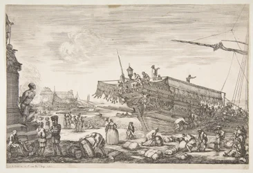 Nakládání galéry, z Pohledy na přístav Livorno Vues du port de Livourne, 1654-55.