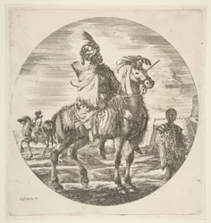 Maurský jezdec z profilu obrácený doprava, vpravo černý otrok držící kožešinu, další..., asi 1651.