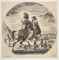 Maurský jezdec z profilu obrácený doprava, v pozadí vlevo pyramida, mnoho po..., asi 1651.