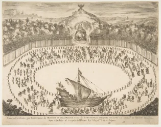 Průvodní plovák v podobě lodi, nahoře erb velkovévody z Modeny, 1652.
