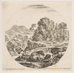 Talíř 10: kůň ležící uprostřed, kráva a dvě kozy vpravo, dva sedící ovčák..., ca. 1646.